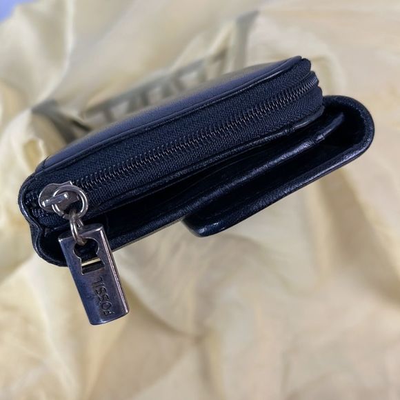 Fossil Black Leather Tri-Fold Wallet Checkbook Zip Coin Snap Closure - Picture 5 of 8